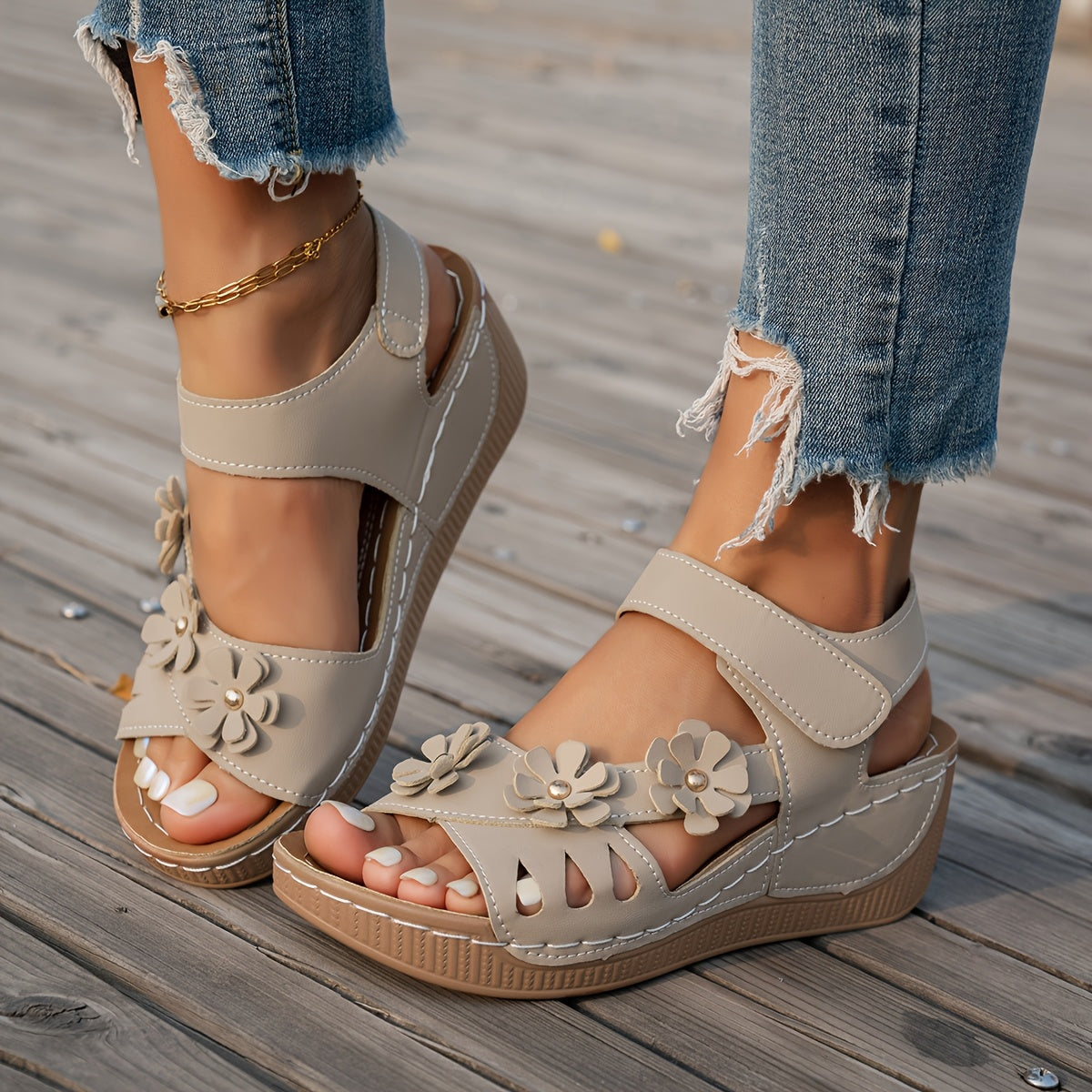 Women's Platform Sandals – Slip-On for Everyday Wear – Khaki Floral – Khaki option – view 3