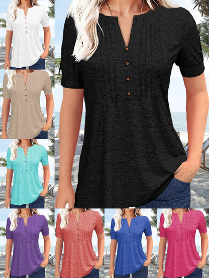 Women's Pleated Blouse - V-Neck detail view
