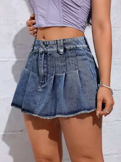 Women's Pleated Denim Mini Skirt - Mid-Rise Solid Summer Style – view 4