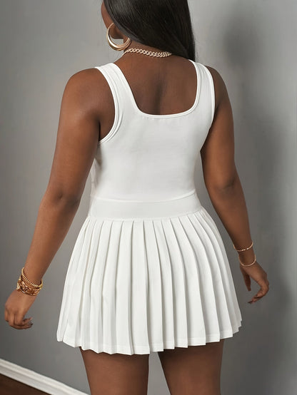 Women's Pleated Sleeveless Dress - Square Neck White Style detail view