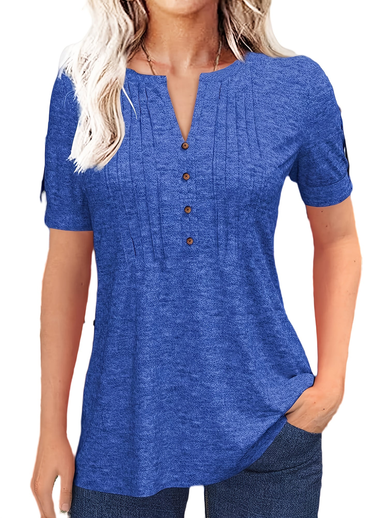 Women's Pleated T-Shirt - V-Neck Short Sleeve detail view