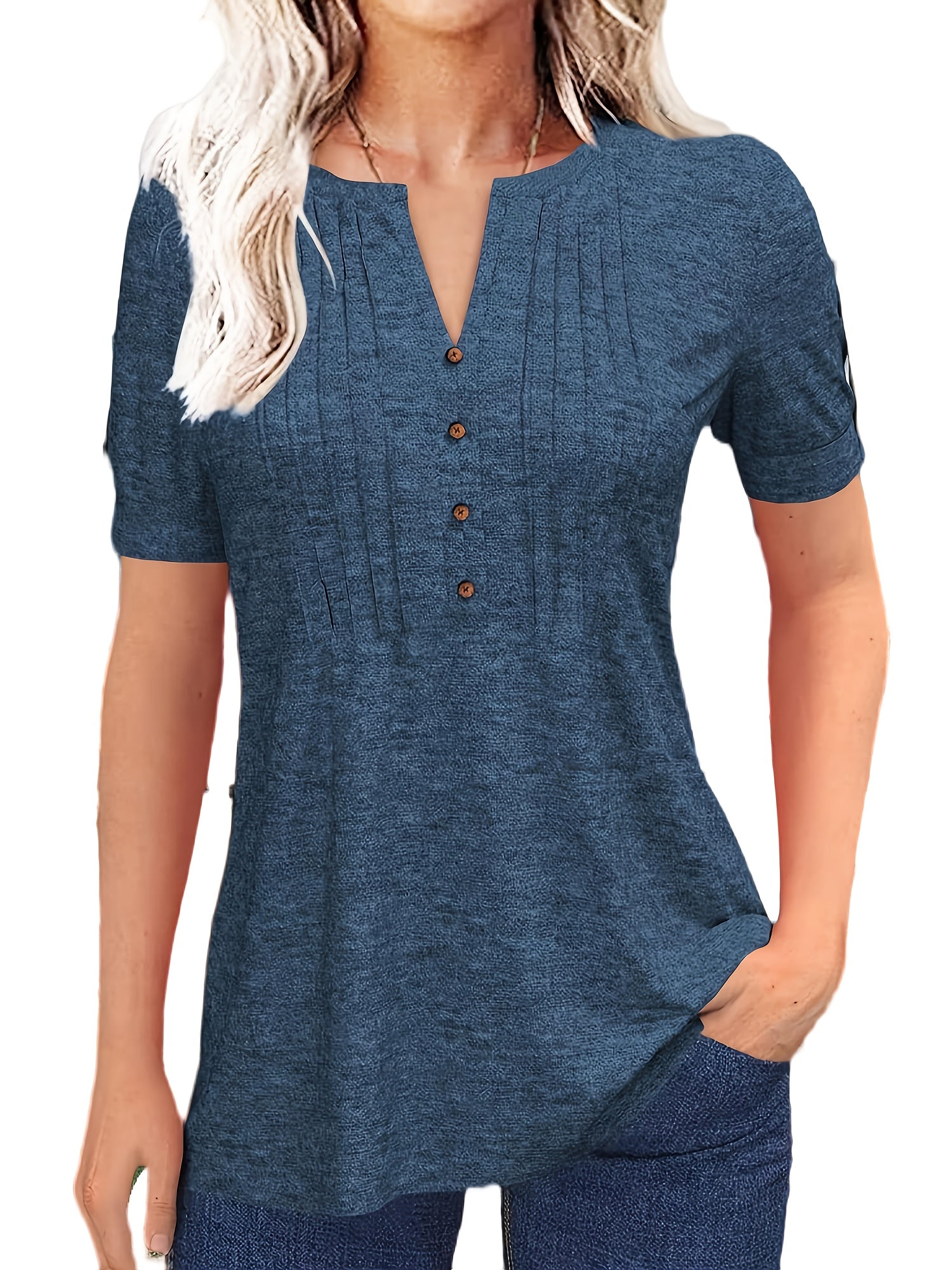 Women's Pleated T-Shirt - V-Neck Short Sleeve detail view