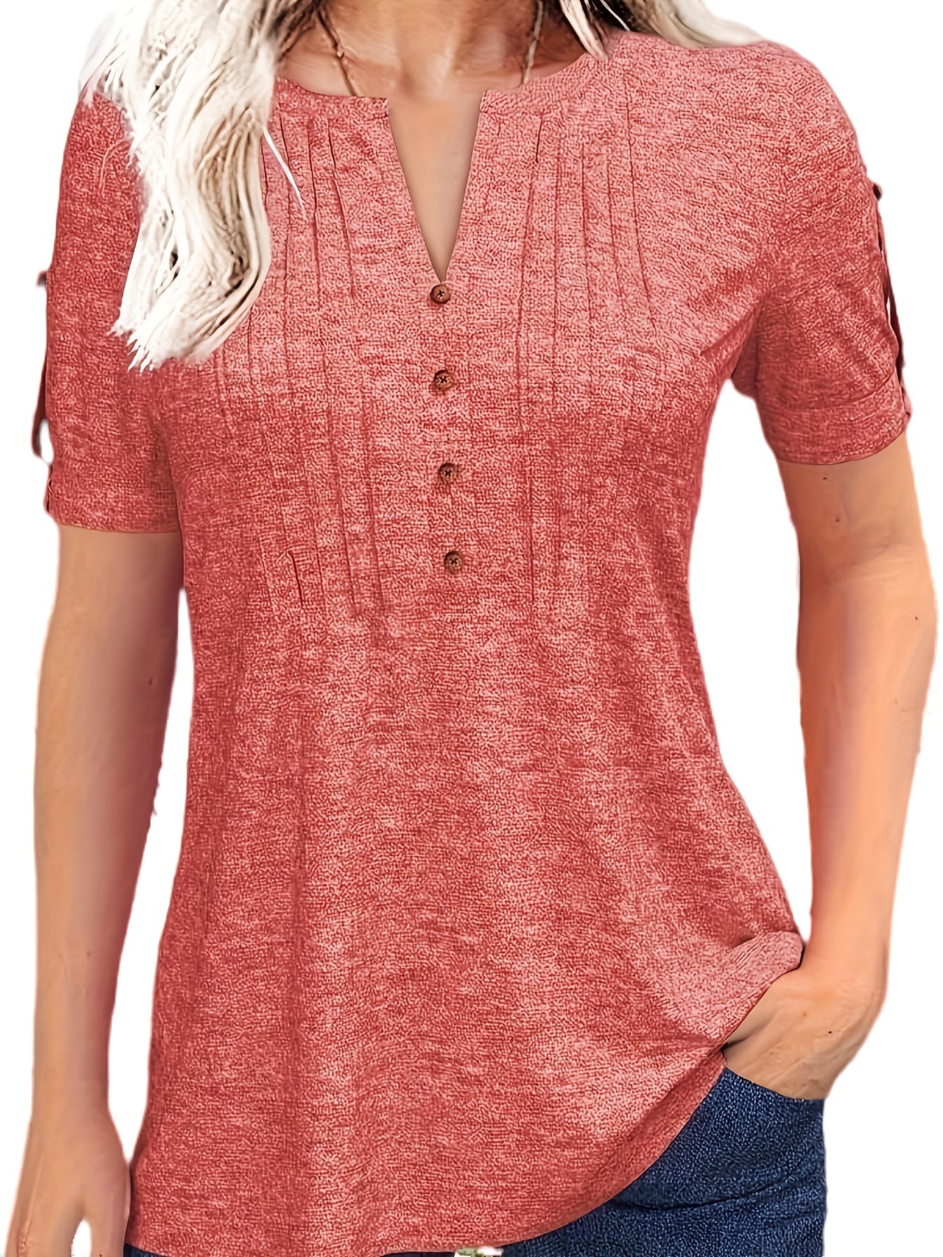 Women's Pleated T-Shirt - V-Neck Short Sleeve – Red option – view 6