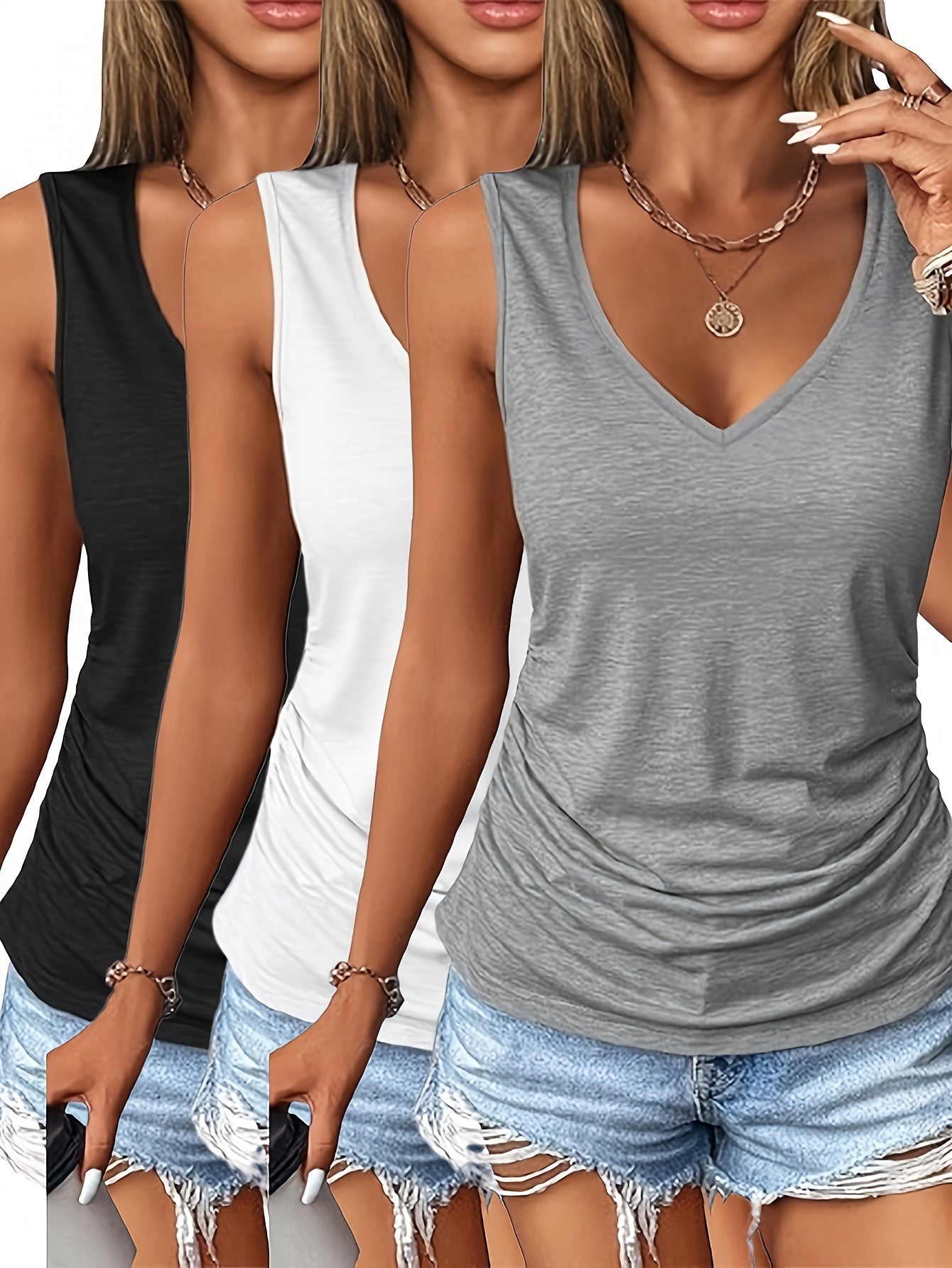 Women's Pleated V-Neck Three-Piece Vest Set detail view