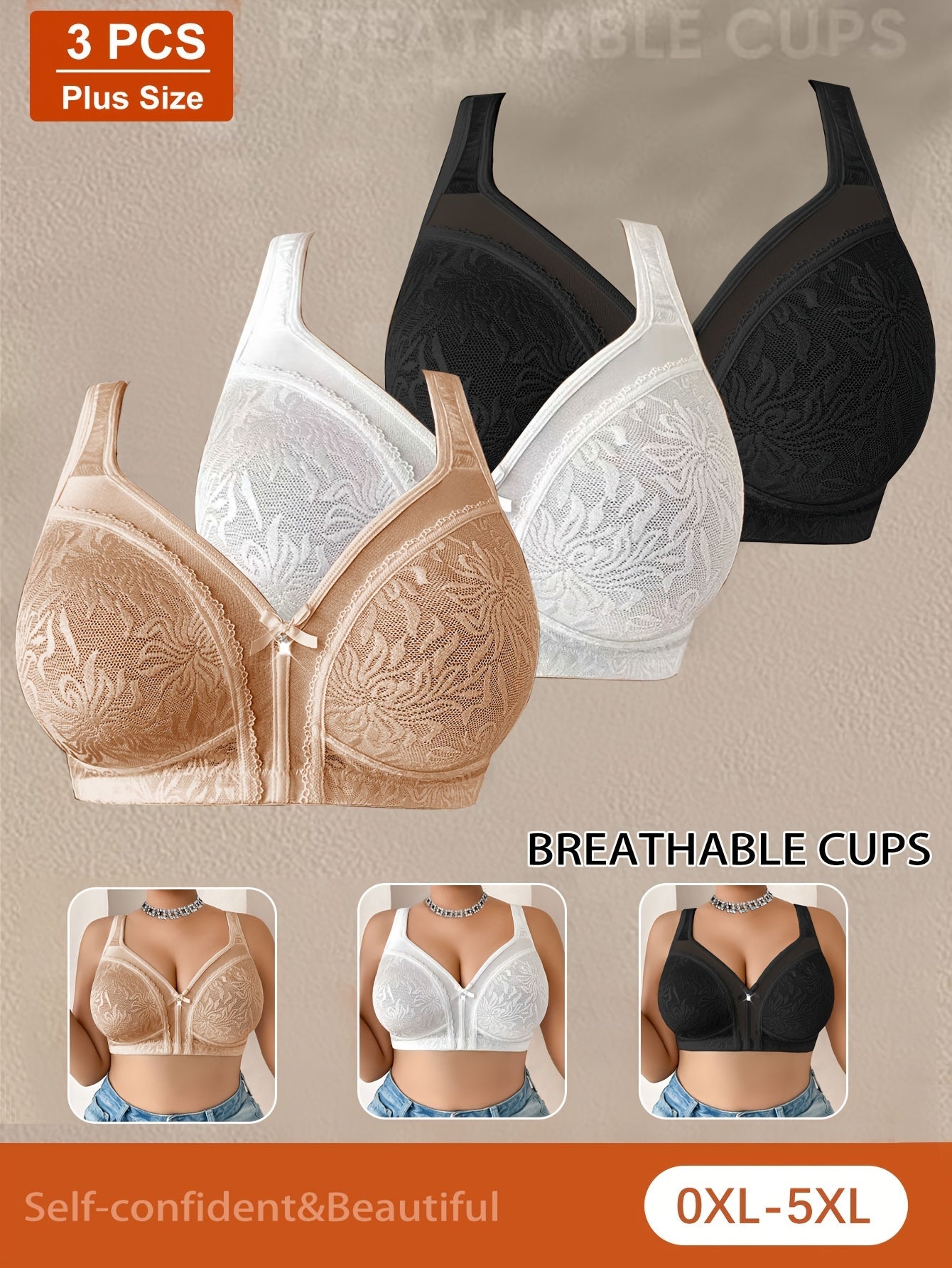 Women’s Plus Size 3-Pack Wireless Bra - Lace Detail Comfort detail view