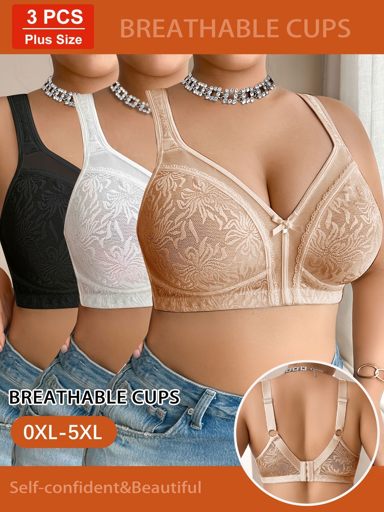 Women’s Plus Size 3-Pack Wireless Bra - Lace Detail Comfort detail view