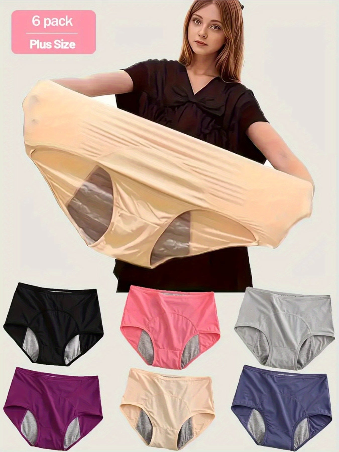 Women’s Plus Size 6-Pack High-Waist Period Briefs - Leak-Resistant Coverage – main product image