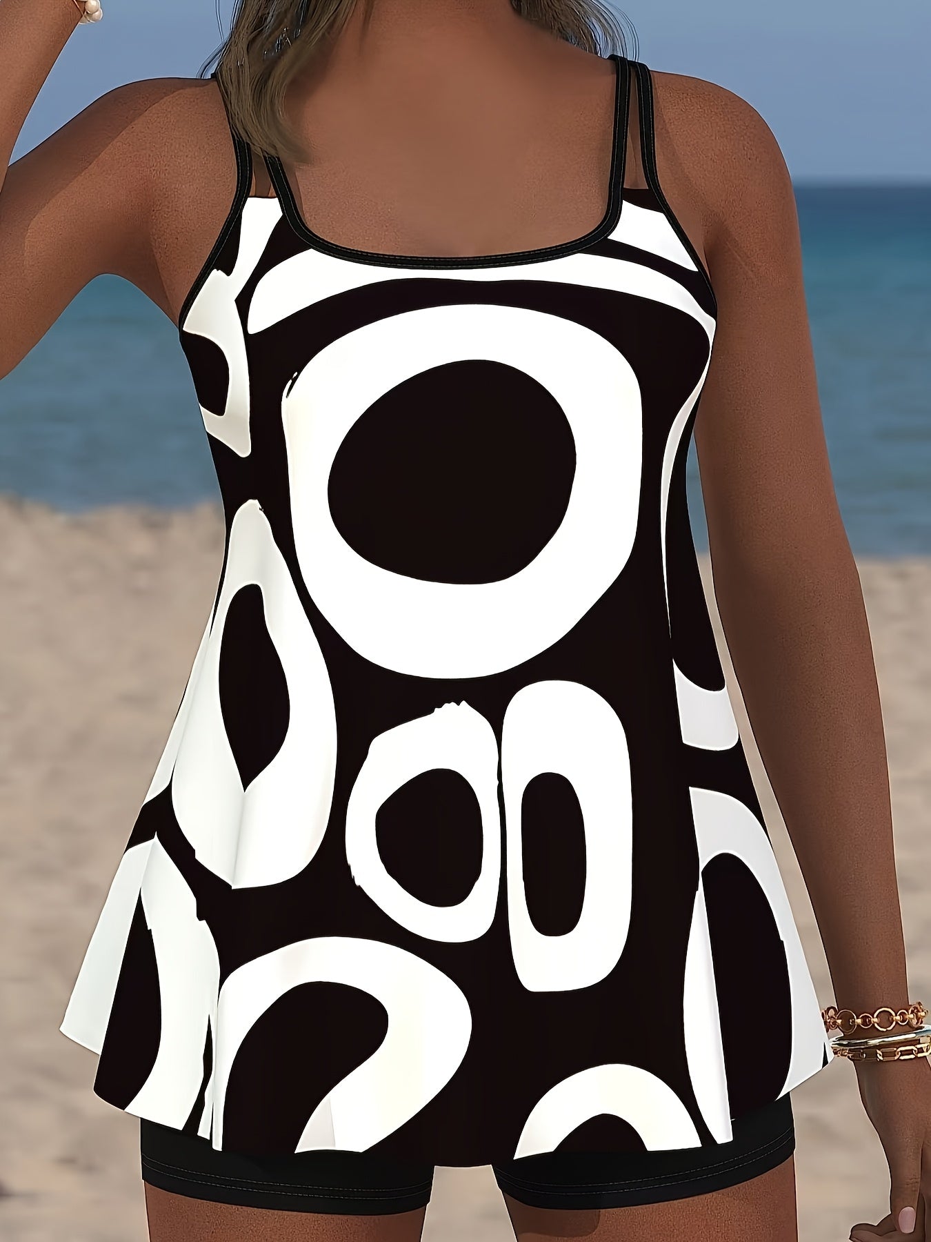 Women's Plus Size Bikini Set - Polka Dot Crew Neck Tummy Control – Black option – main product image