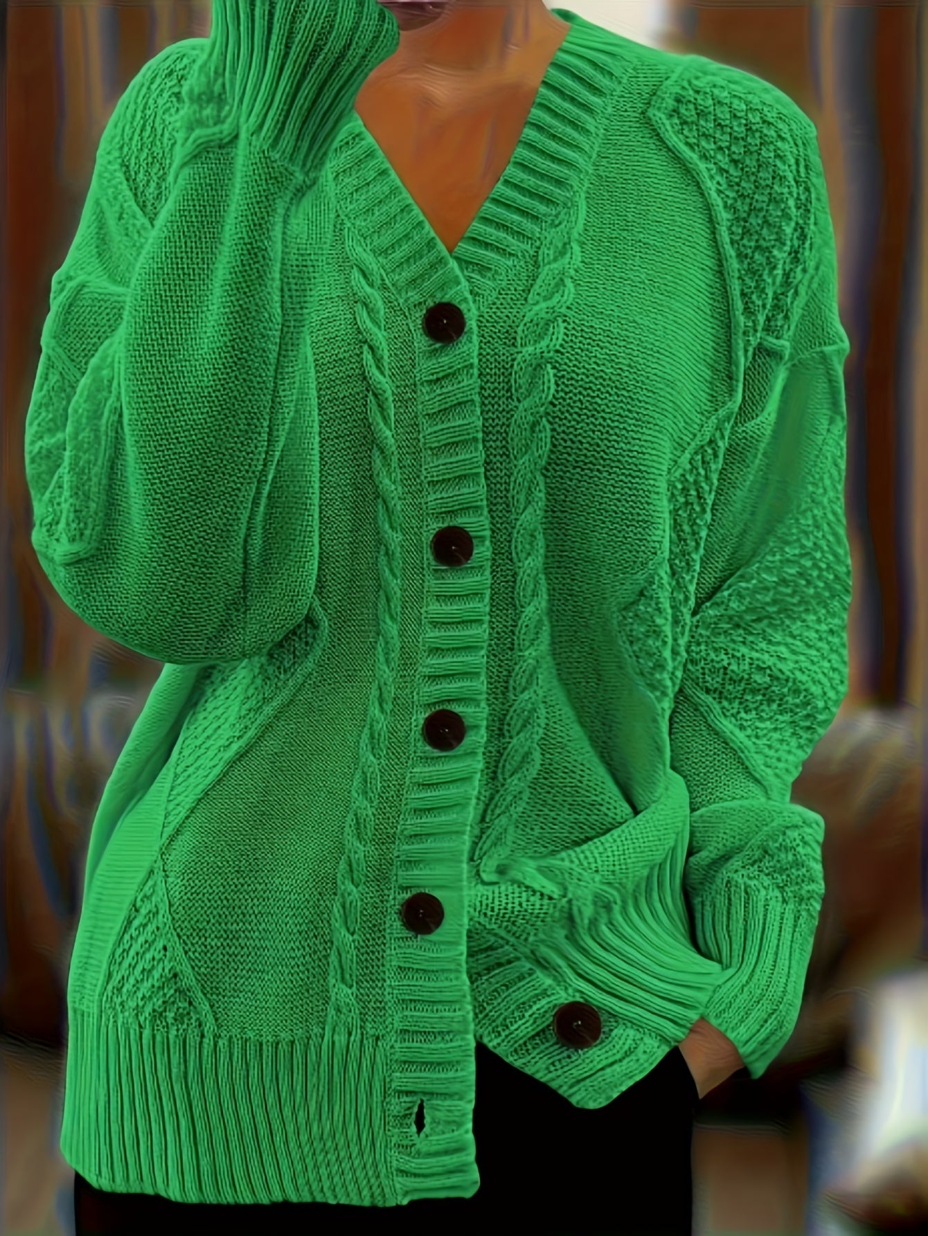 Women's Plus Size Cable Cardigan - Soft Open Front Layer – Black option – view 4
