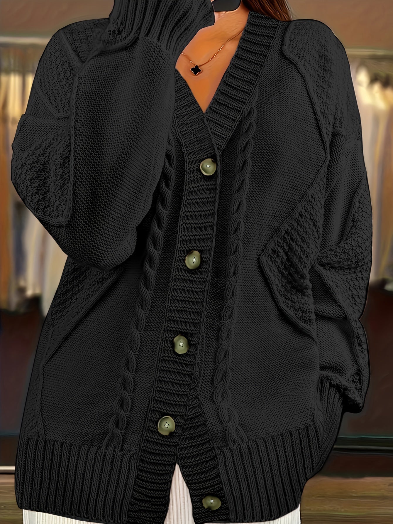 Women's Plus Size Cable Cardigan - Soft Open Front Layer – Black option – view 9
