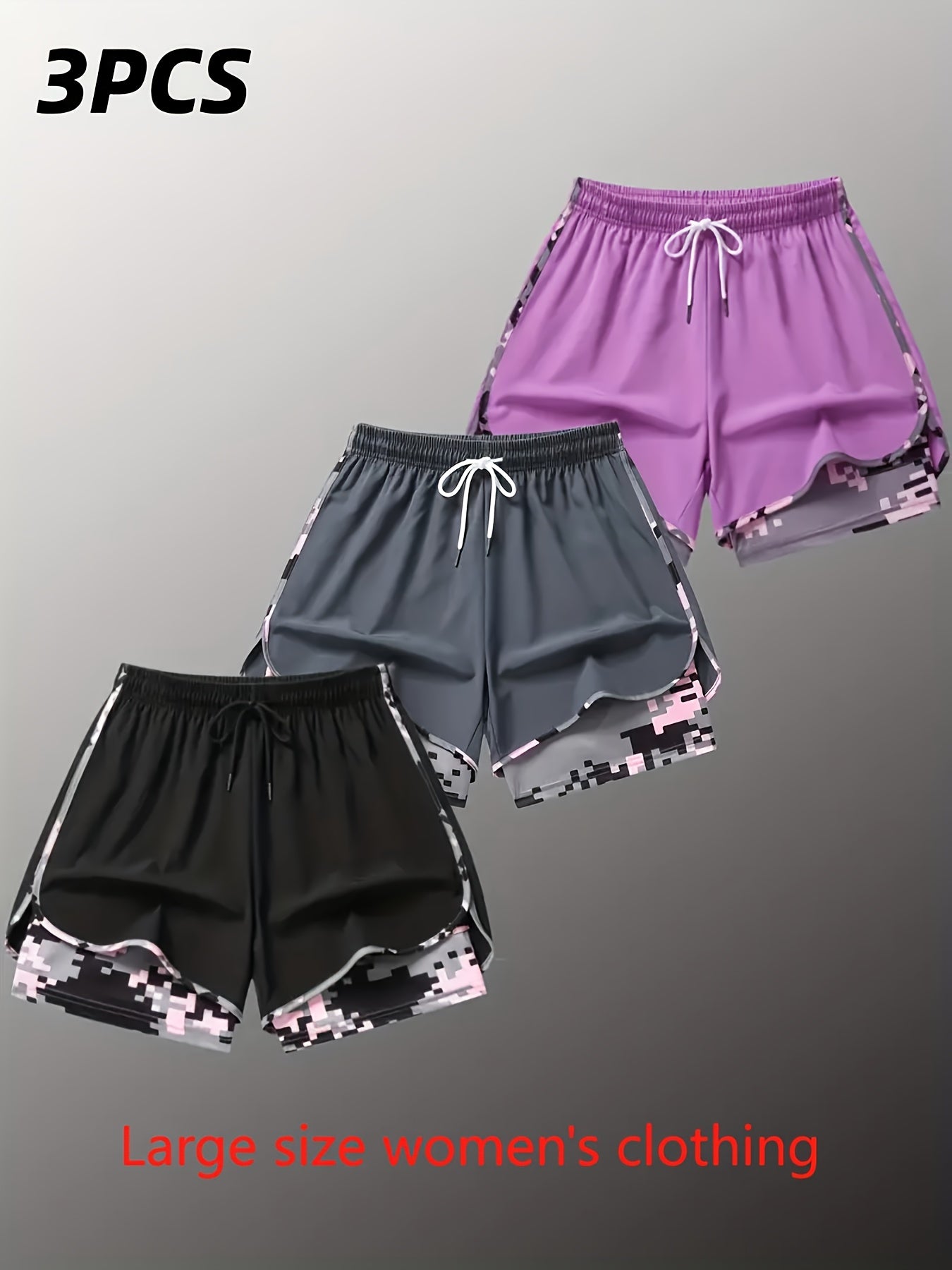 Women's Plus Size Camo Running Shorts 3-Pack detail view
