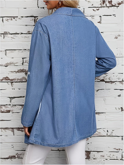 Women's Plus Size Denim Jacket - Roll-Tab Sleeves detail view