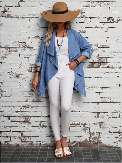 Women's Plus Size Denim Jacket - Roll-Tab Sleeves detail view