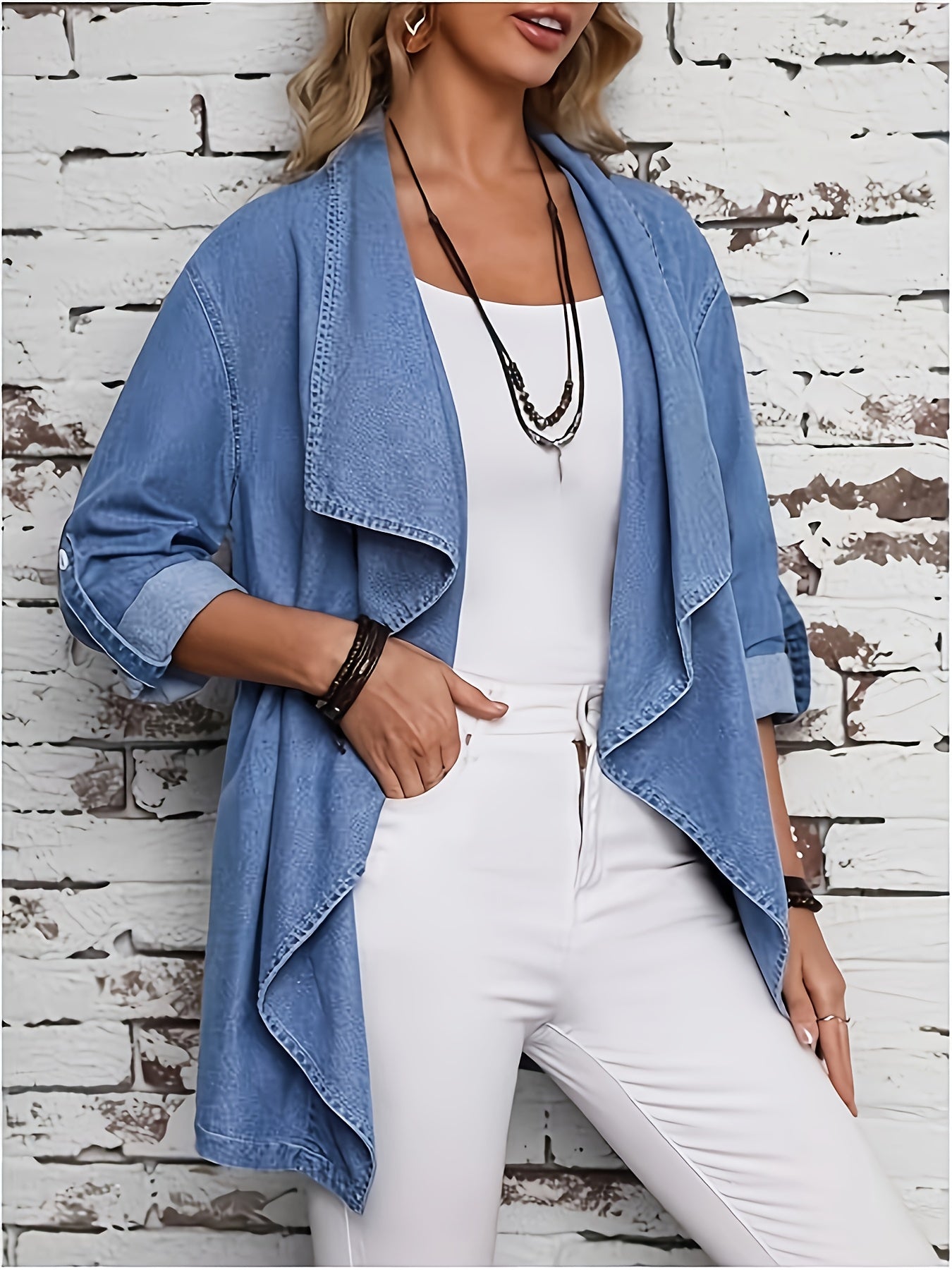 Women's Plus Size Denim Jacket - Roll-Tab Sleeves detail view