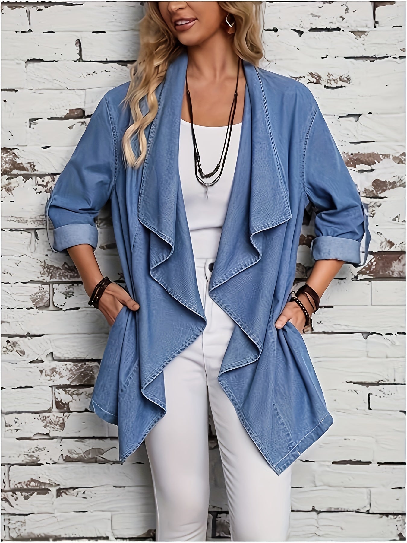 Women's Plus Size Denim Jacket - Roll-Tab Sleeves detail view