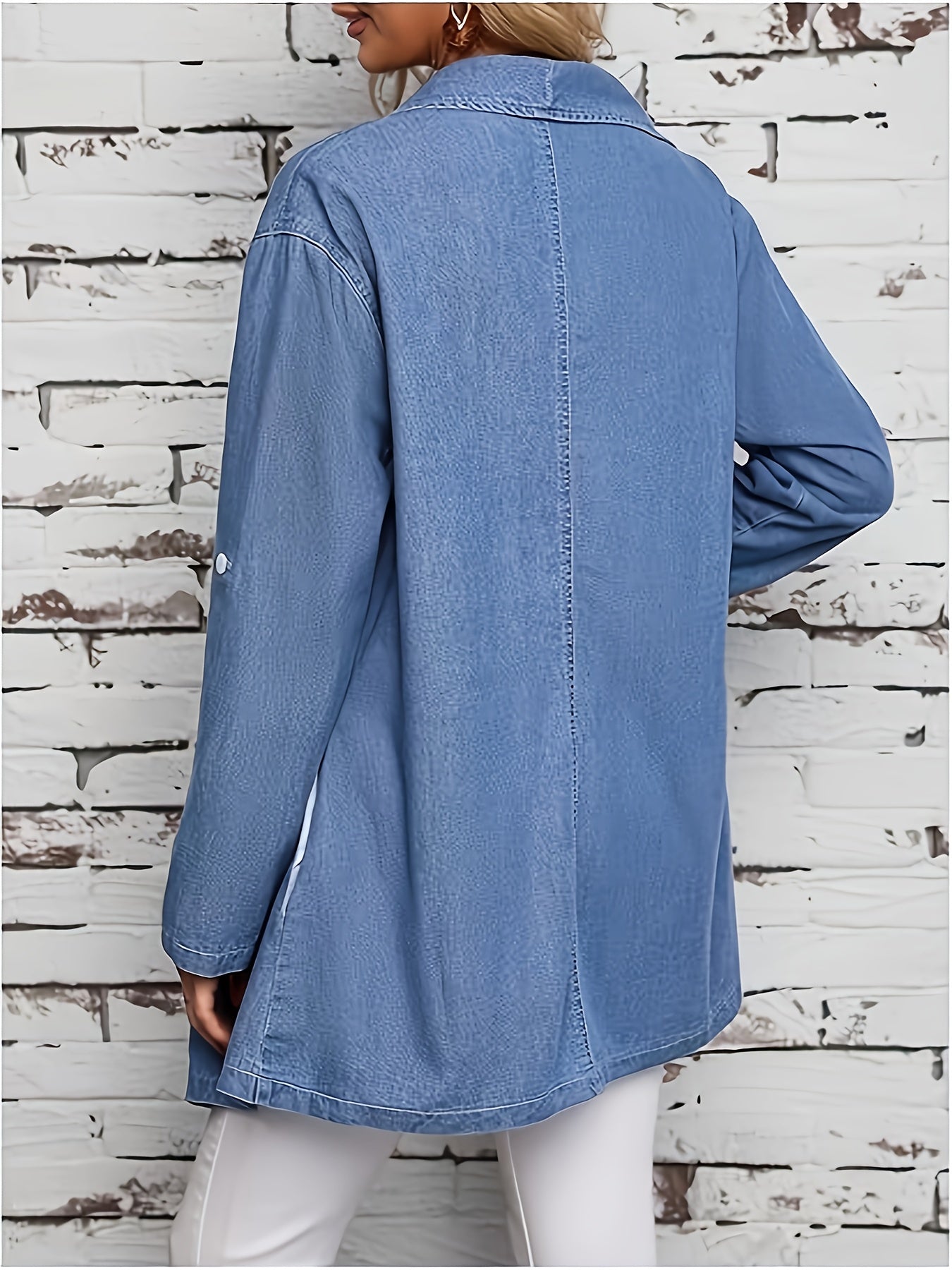 Women's Plus Size Denim Jacket - Roll-Tab Sleeves detail view