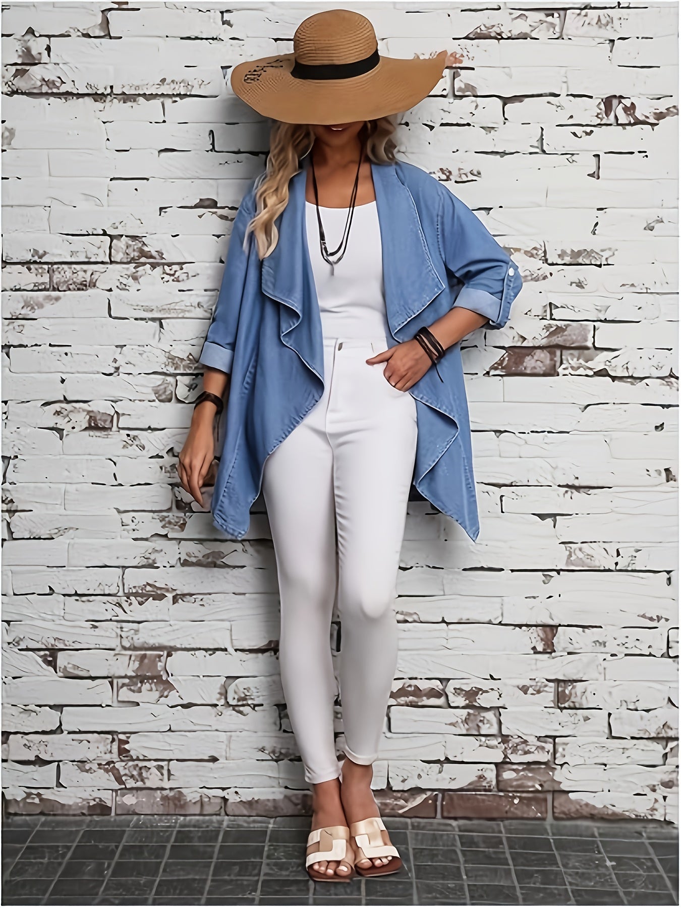 Women's Plus Size Denim Jacket - Roll-Tab Sleeves detail view