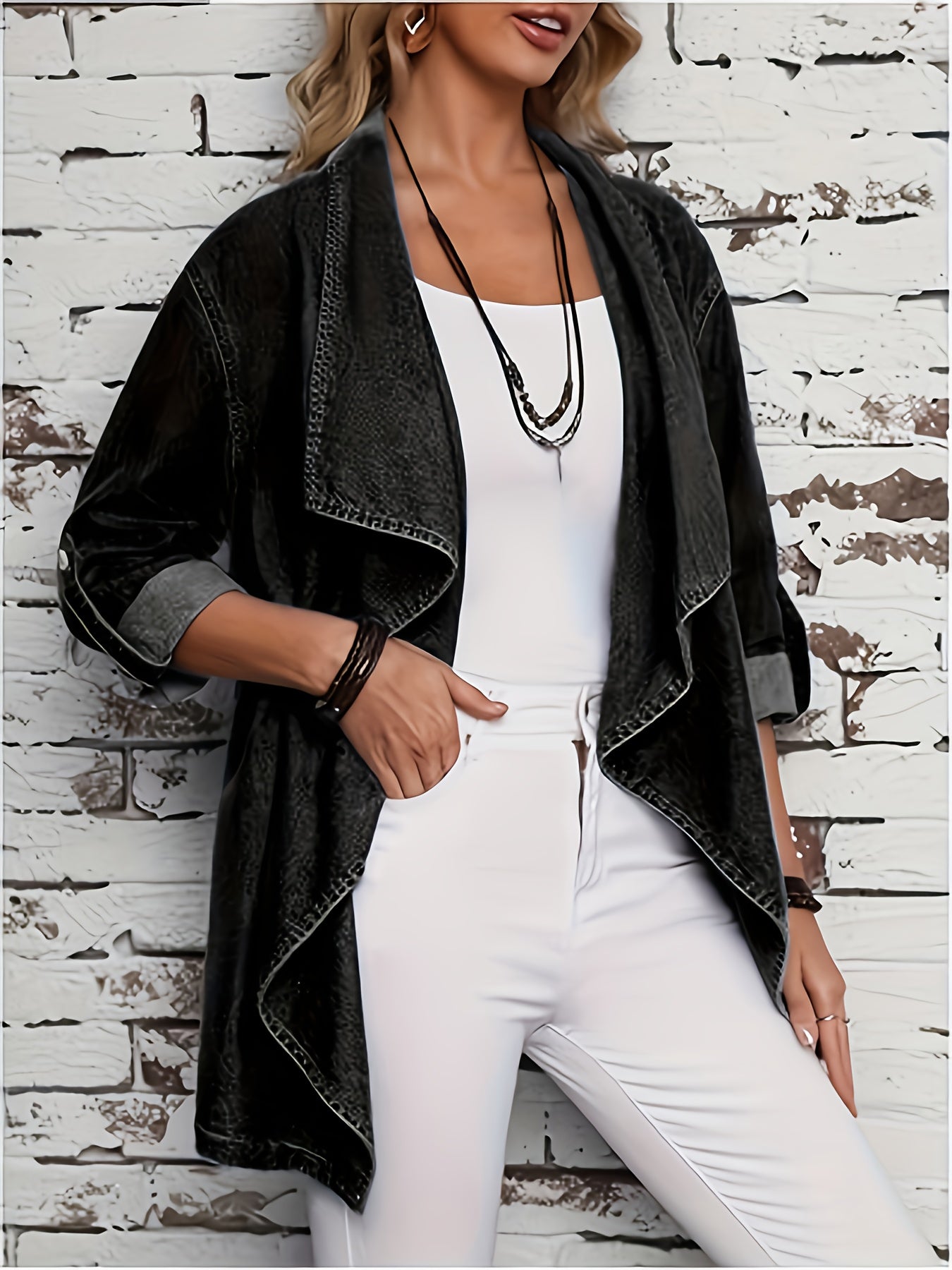 Women's Plus Size Denim Jacket - Roll-Tab Sleeves detail view