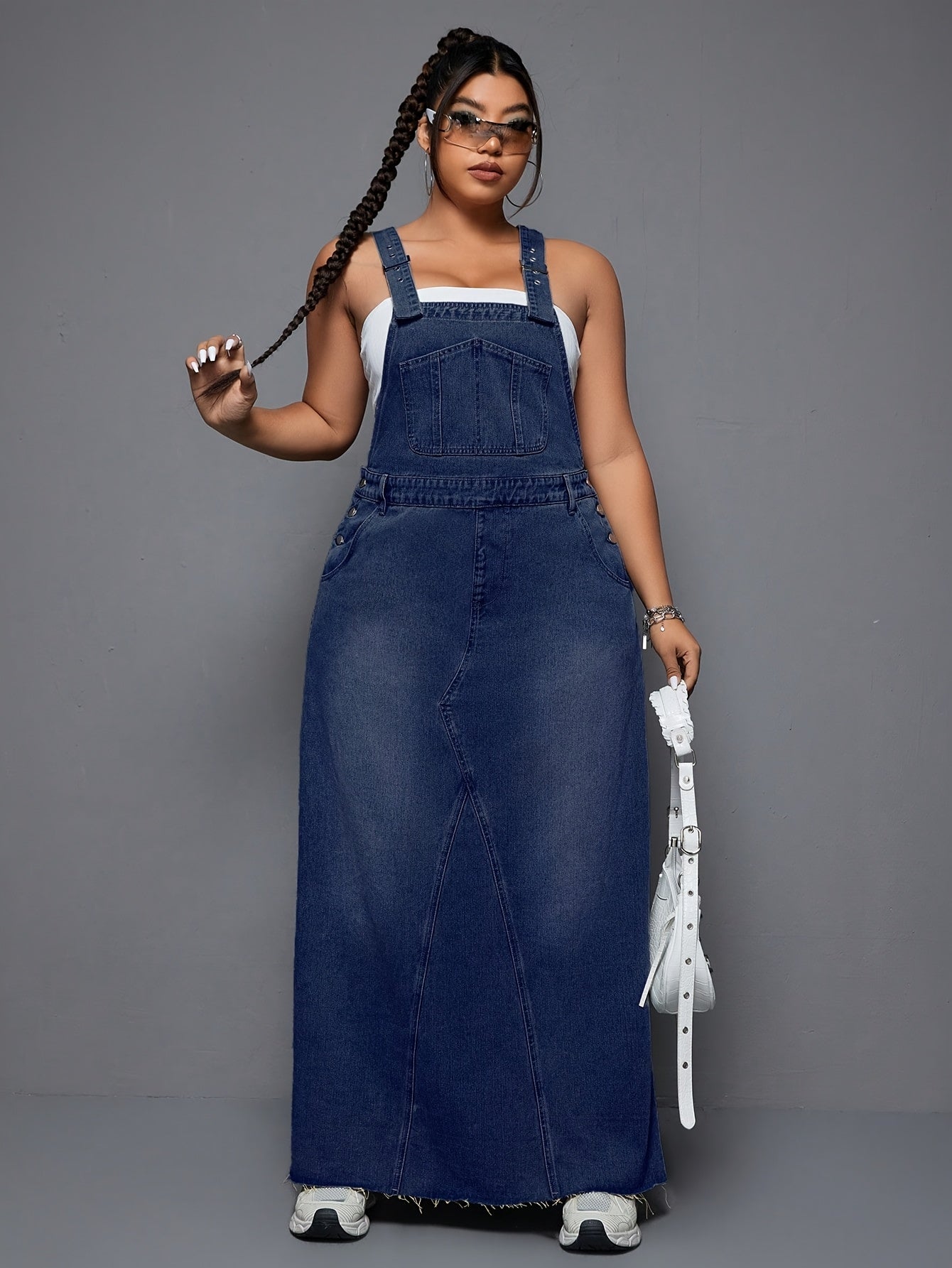 Women's Plus Size Denim Overall Dress - Distressed Raw Hem detail view