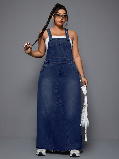 Women's Plus Size Denim Overall Dress - Distressed Raw Hem detail view