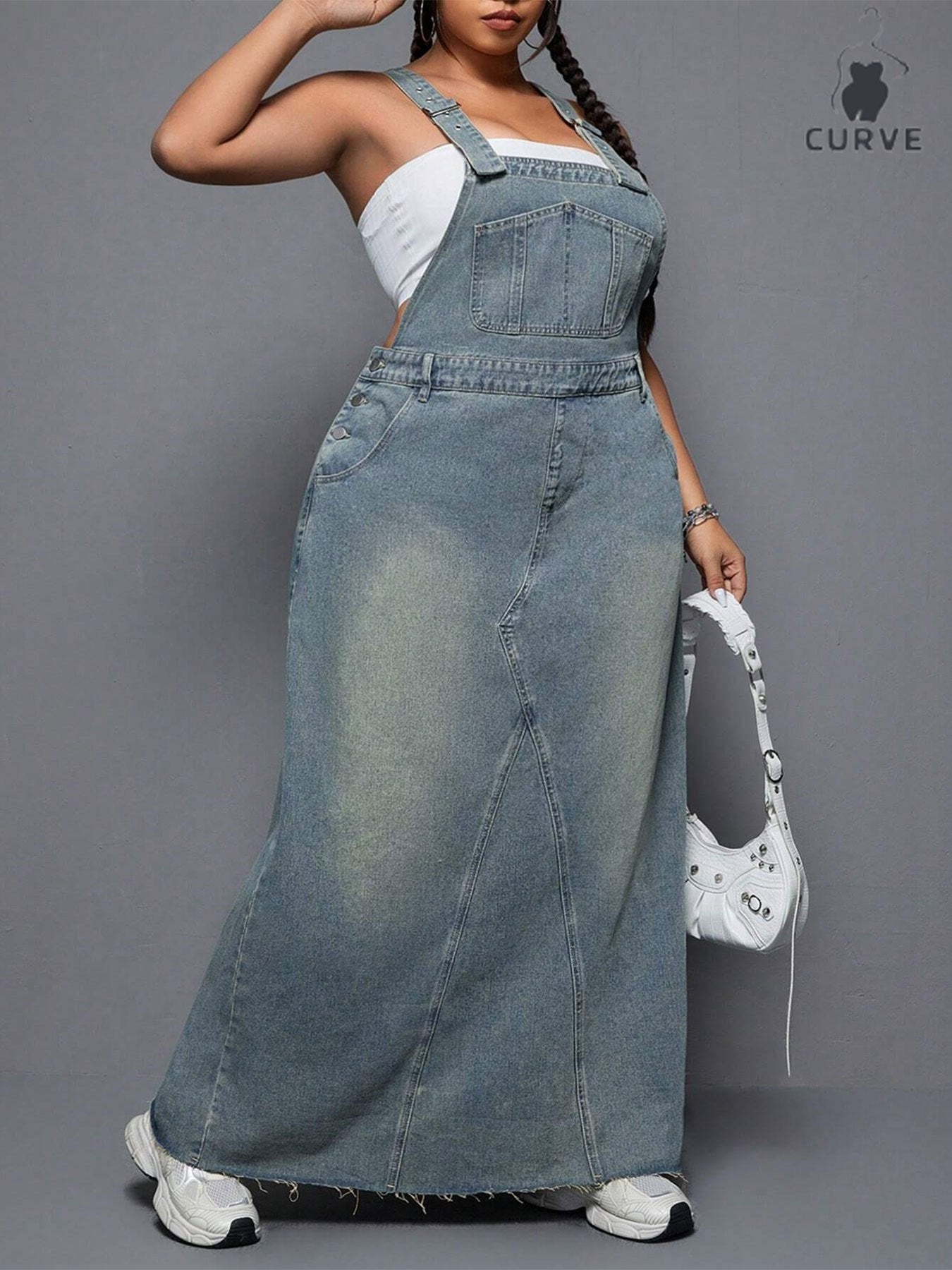 Women's Plus Size Denim Overall Dress - Distressed Raw Hem detail view