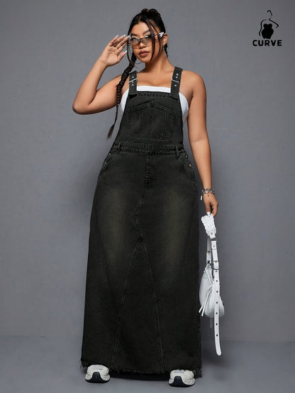 Women's Plus Size Denim Overall Dress - Distressed Raw Hem detail view