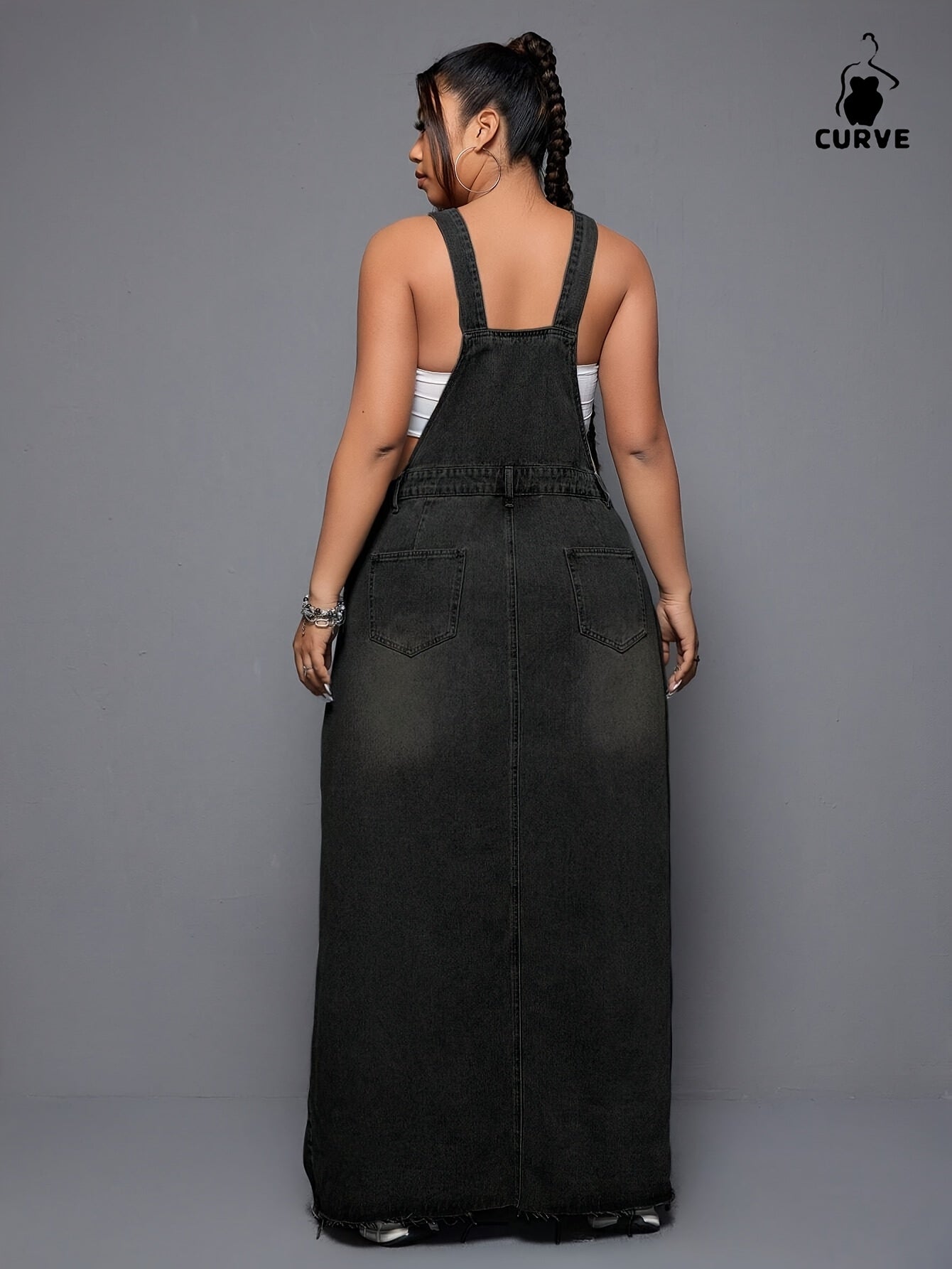 Women's Plus Size Denim Overall Dress - Distressed Raw Hem detail view