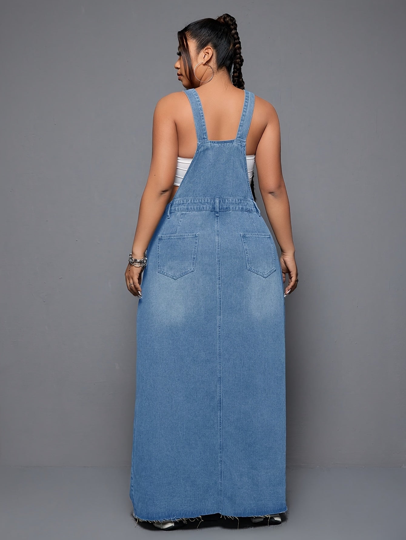 Women's Plus Size Denim Overall Dress - Distressed Raw Hem detail view
