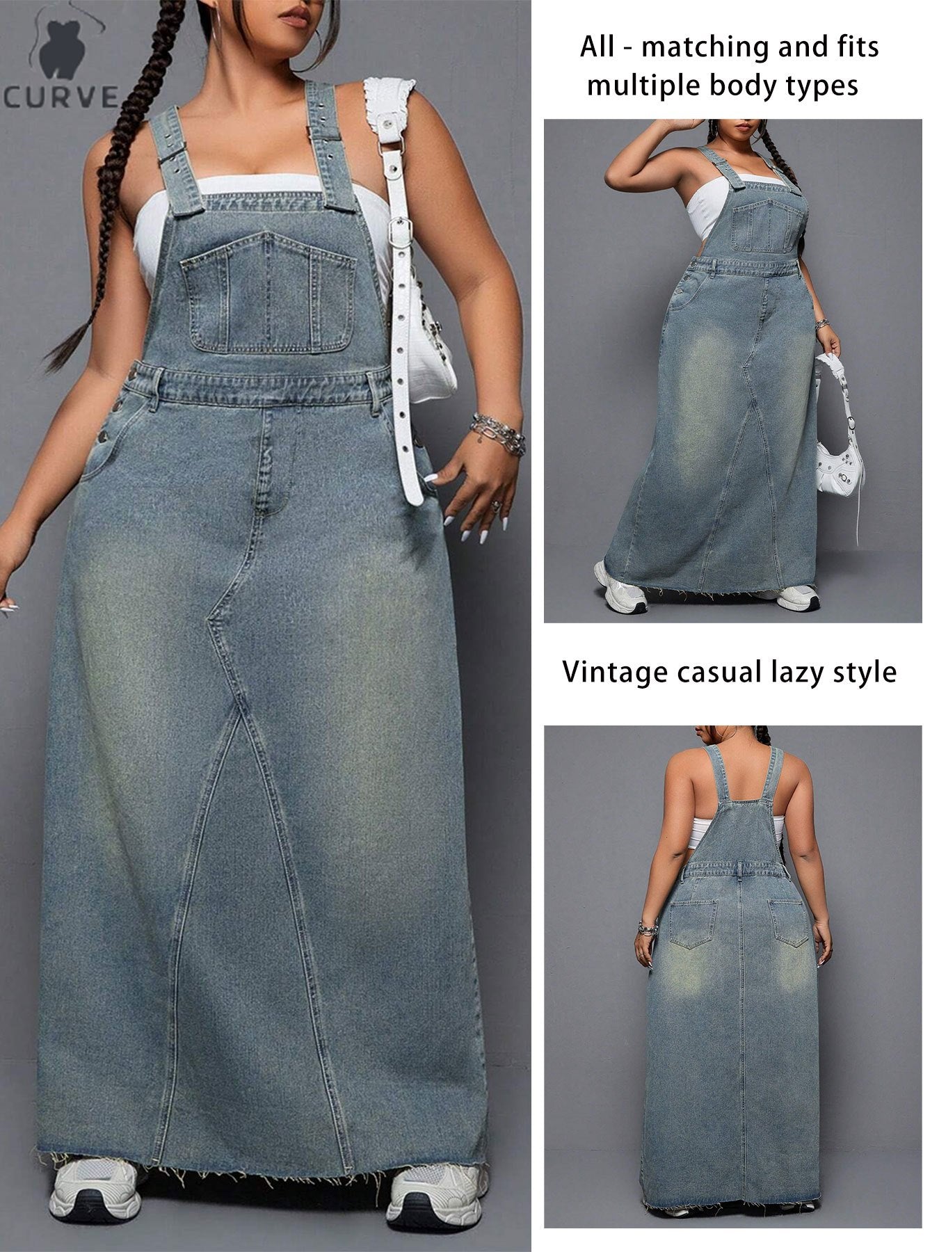 Women's Plus Size Denim Overall Dress - Distressed Raw Hem detail view