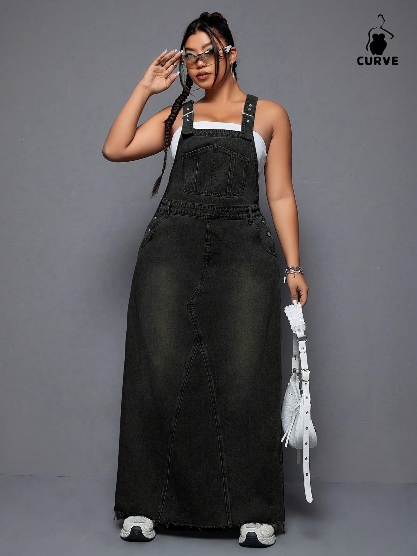 Women's Plus Size Denim Overall Dress - Distressed Raw Hem – Black option – main product image