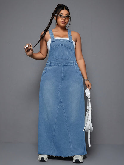 Women's Plus Size Denim Overall Dress - Distressed Raw Hem – Black option – view 4