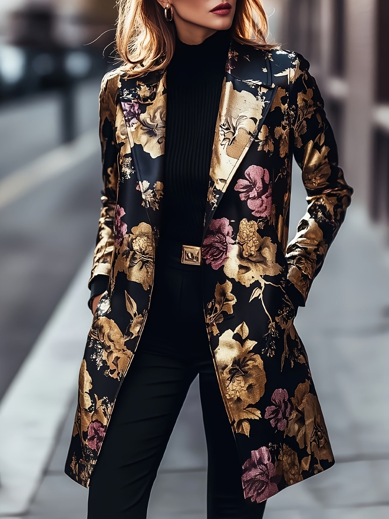Women's Plus Size Floral Blazer - Longline Single-Breasted Style – view 4