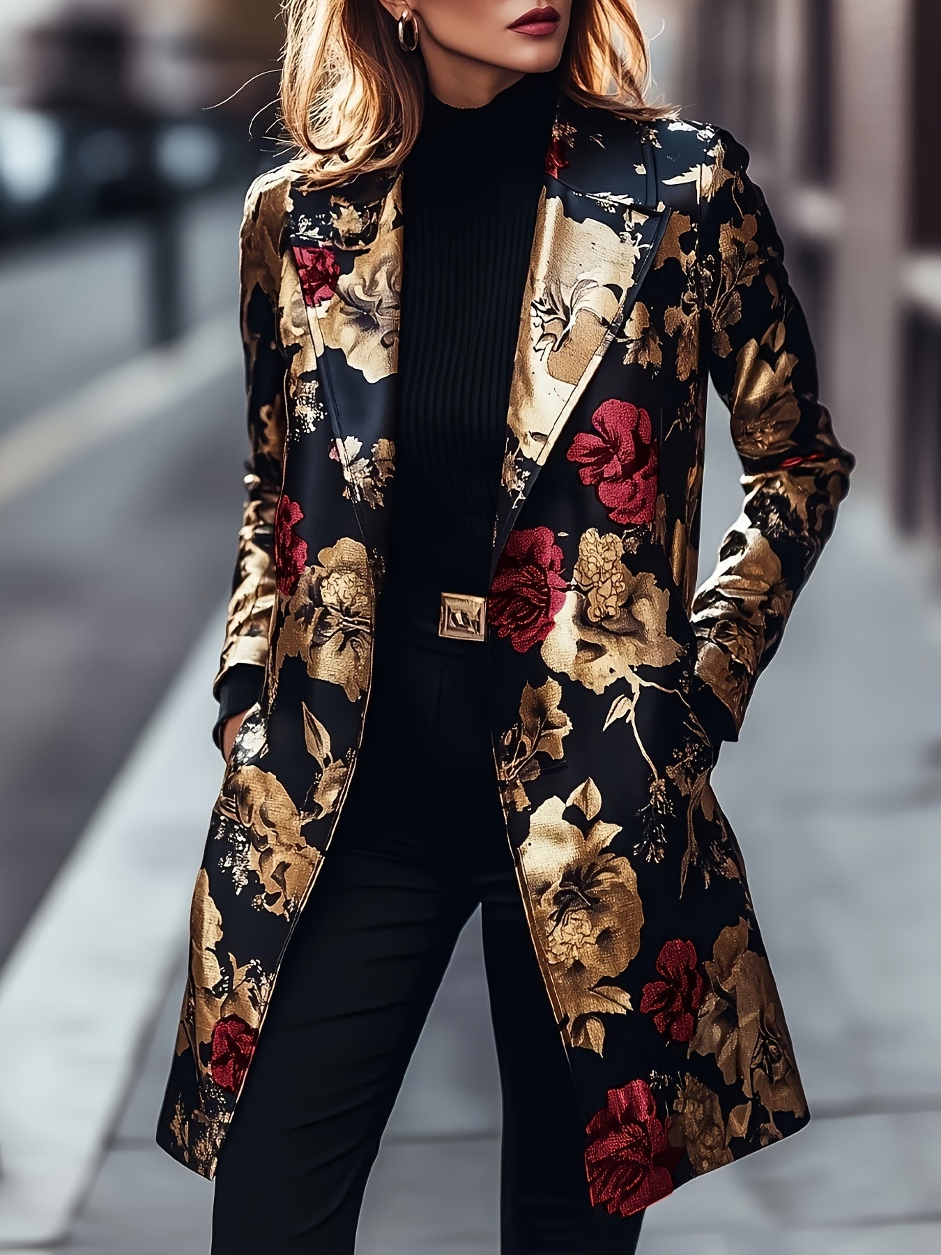 Women's Plus Size Floral Blazer - Longline Single-Breasted Style – view 9