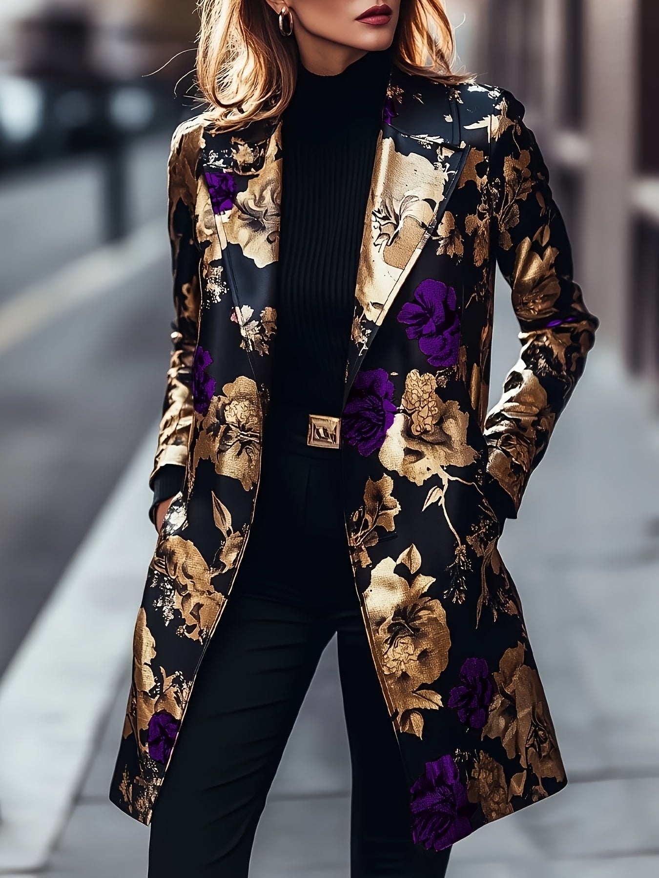 Women's Plus Size Floral Blazer - Longline Single-Breasted Style – view 11