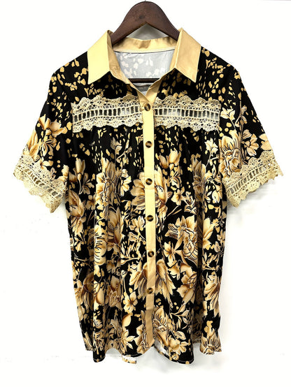 Women's Plus Size Floral Lace Blouse - Short Sleeve V-Neck detail view