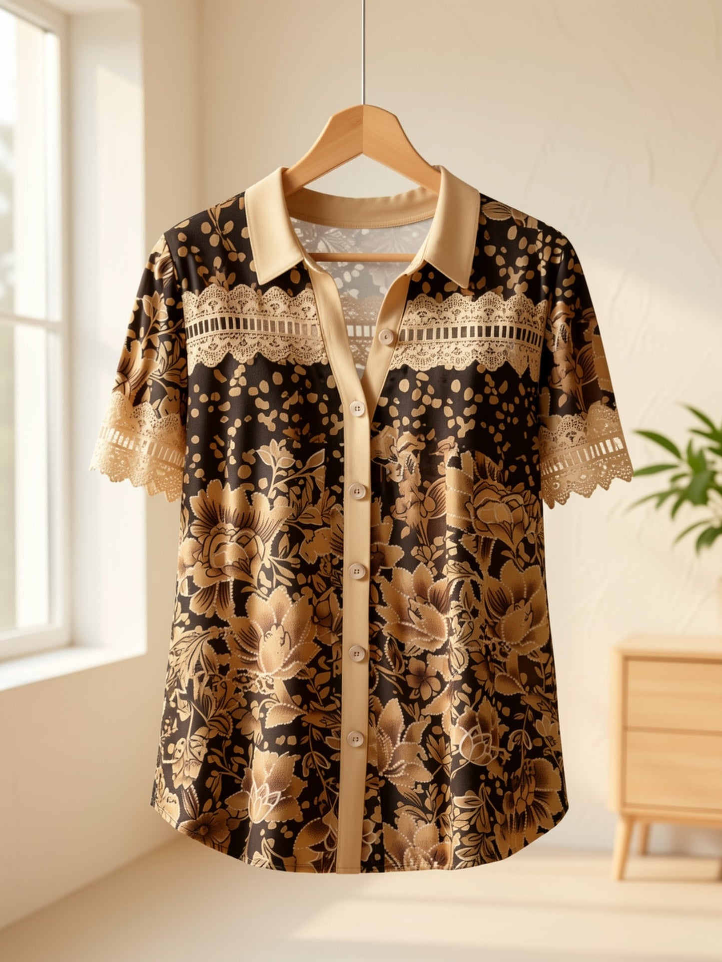 Women's Plus Size Floral Lace Blouse - Short Sleeve V-Neck detail view