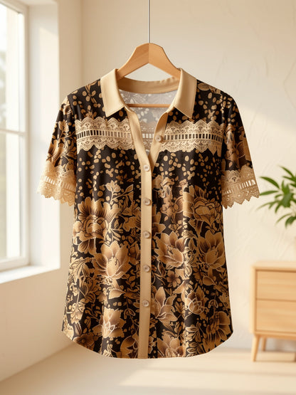 Women's Plus Size Floral Lace Blouse - Short Sleeve V-Neck detail view