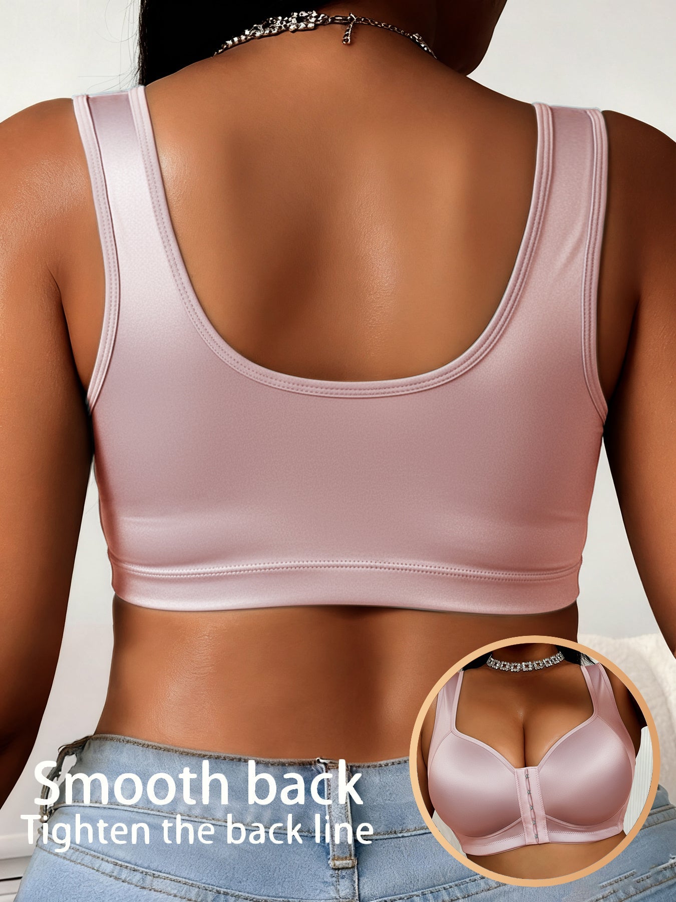 Women's Plus Size Glossy Front Closure Bra - Wireless Wide-Strap Shell Detail – view 5