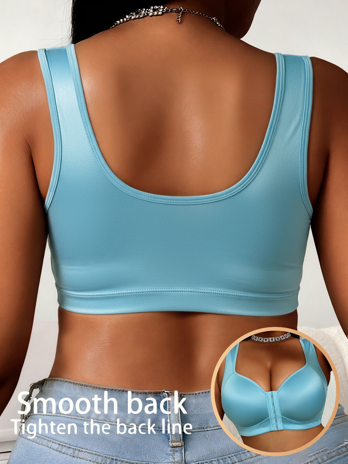 Women's Plus Size Glossy Front Closure Bra - Wireless Wide-Strap Shell Detail – view 6