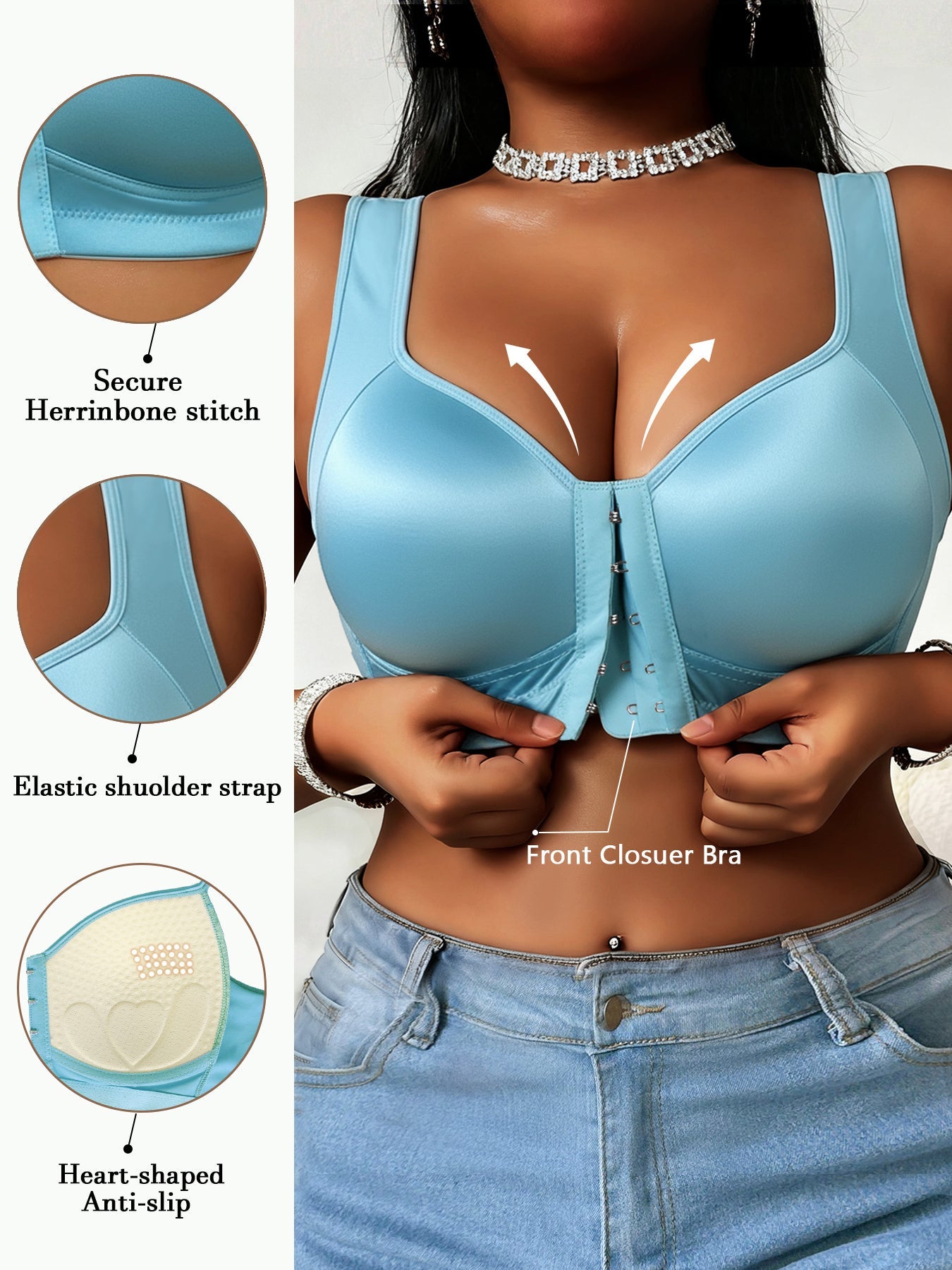 Women's Plus Size Glossy Front Closure Bra - Wireless Wide-Strap Shell Detail – view 9