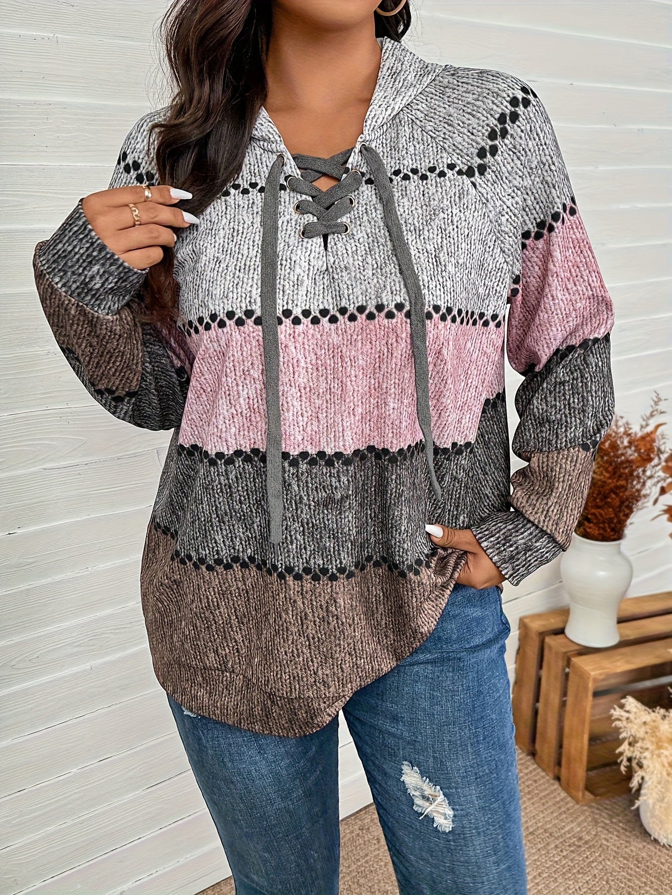 Women's Plus Size Houndstooth Hoodie - Oversized Full-Zip Warmth – White option – view 2