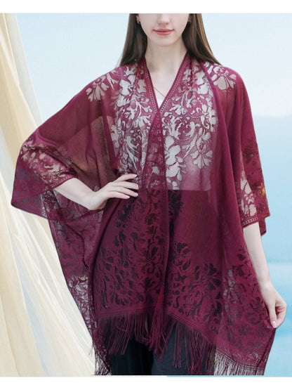 Women's Plus Size Lace Beach Cover-Up - Boho Kimono with Tassel Trim detail view