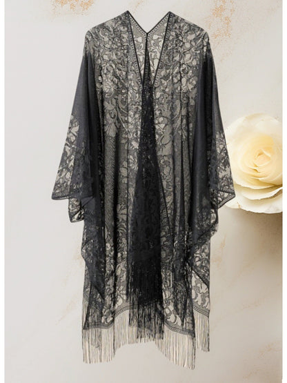 Women's Plus Size Lace Beach Cover-Up - Boho Kimono with Tassel Trim detail view