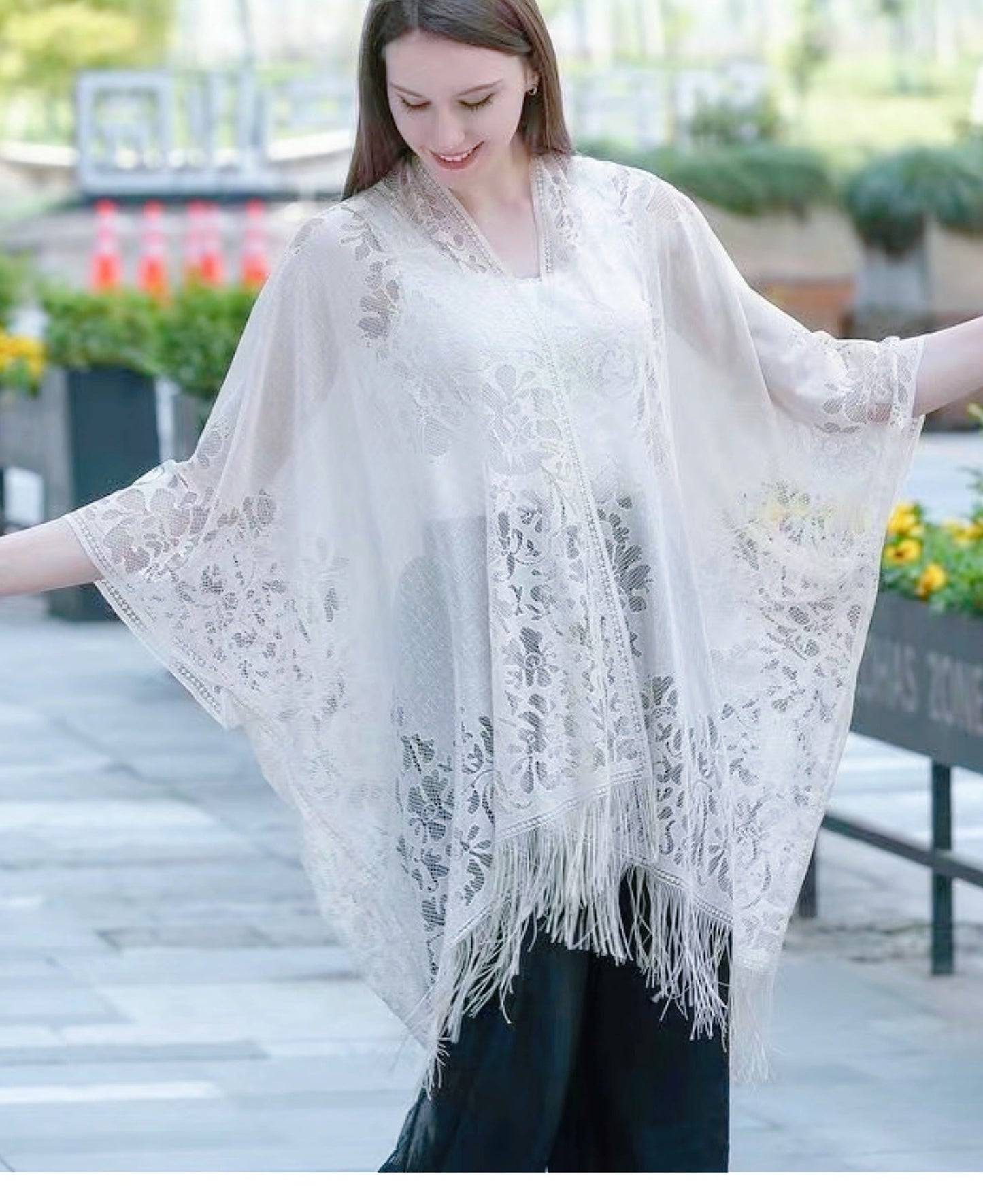 Women's Plus Size Lace Beach Cover-Up - Boho Kimono with Tassel Trim detail view