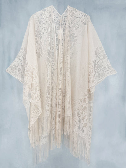 Women's Plus Size Lace Beach Cover-Up - Boho Kimono with Tassel Trim detail view