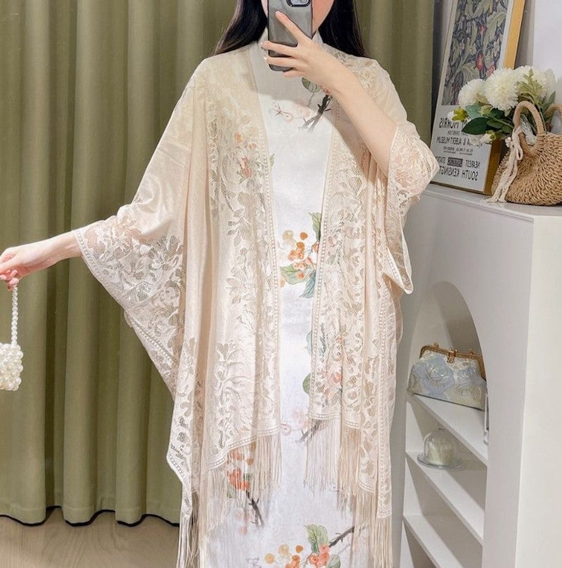Women's Plus Size Lace Beach Cover-Up - Boho Kimono with Tassel Trim detail view