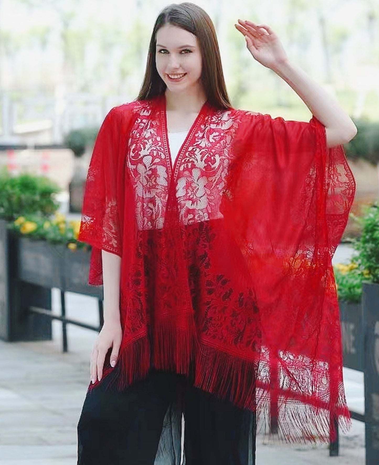 Women's Plus Size Lace Beach Cover-Up - Boho Kimono with Tassel Trim detail view