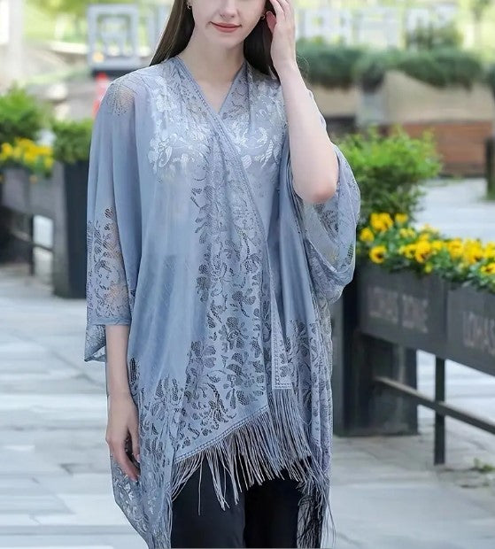 Women's Plus Size Lace Beach Cover-Up - Boho Kimono with Tassel Trim detail view