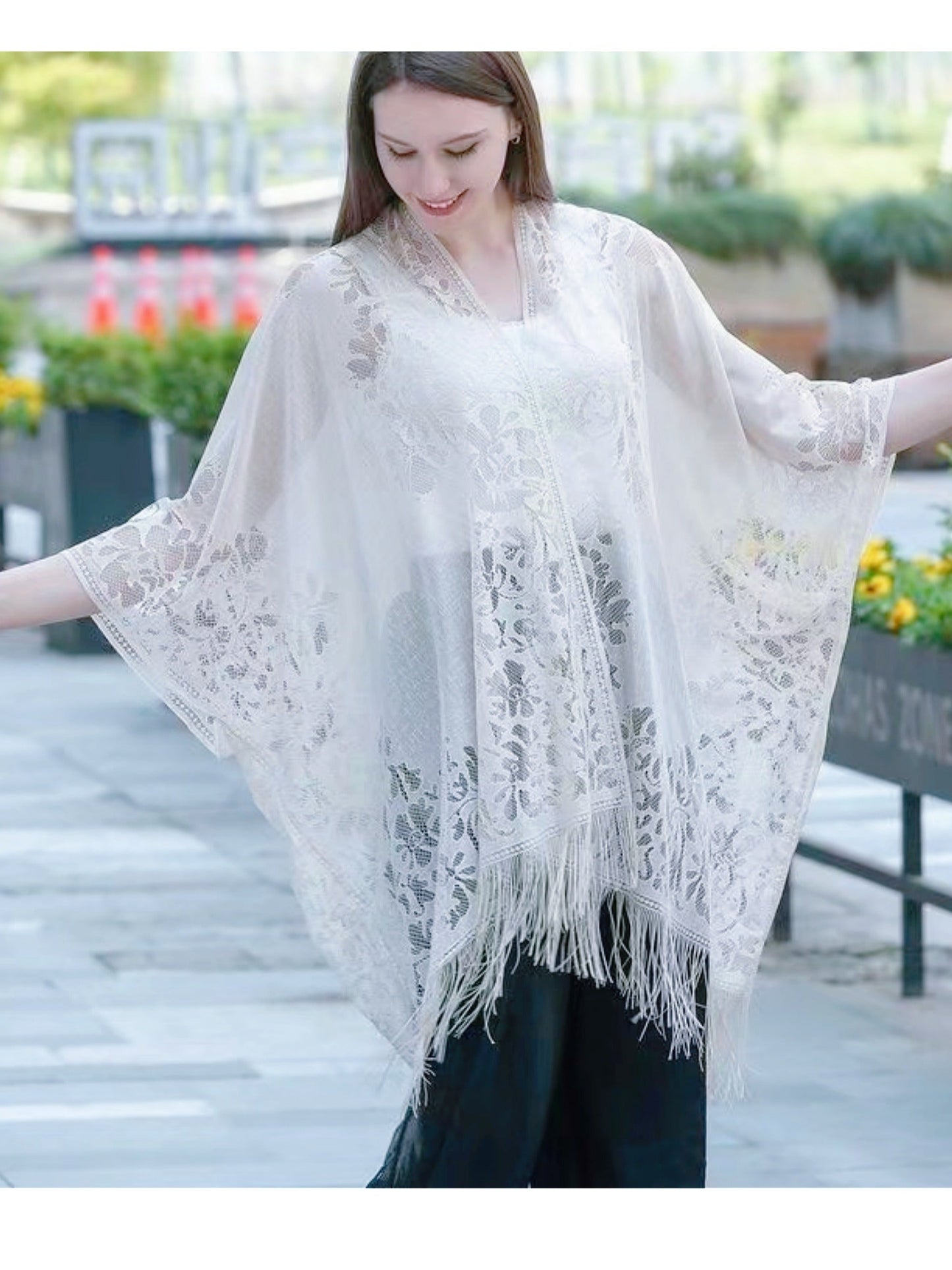 Women's Plus Size Lace Beach Cover-Up - Boho Kimono with Tassel Trim – White option – view 4