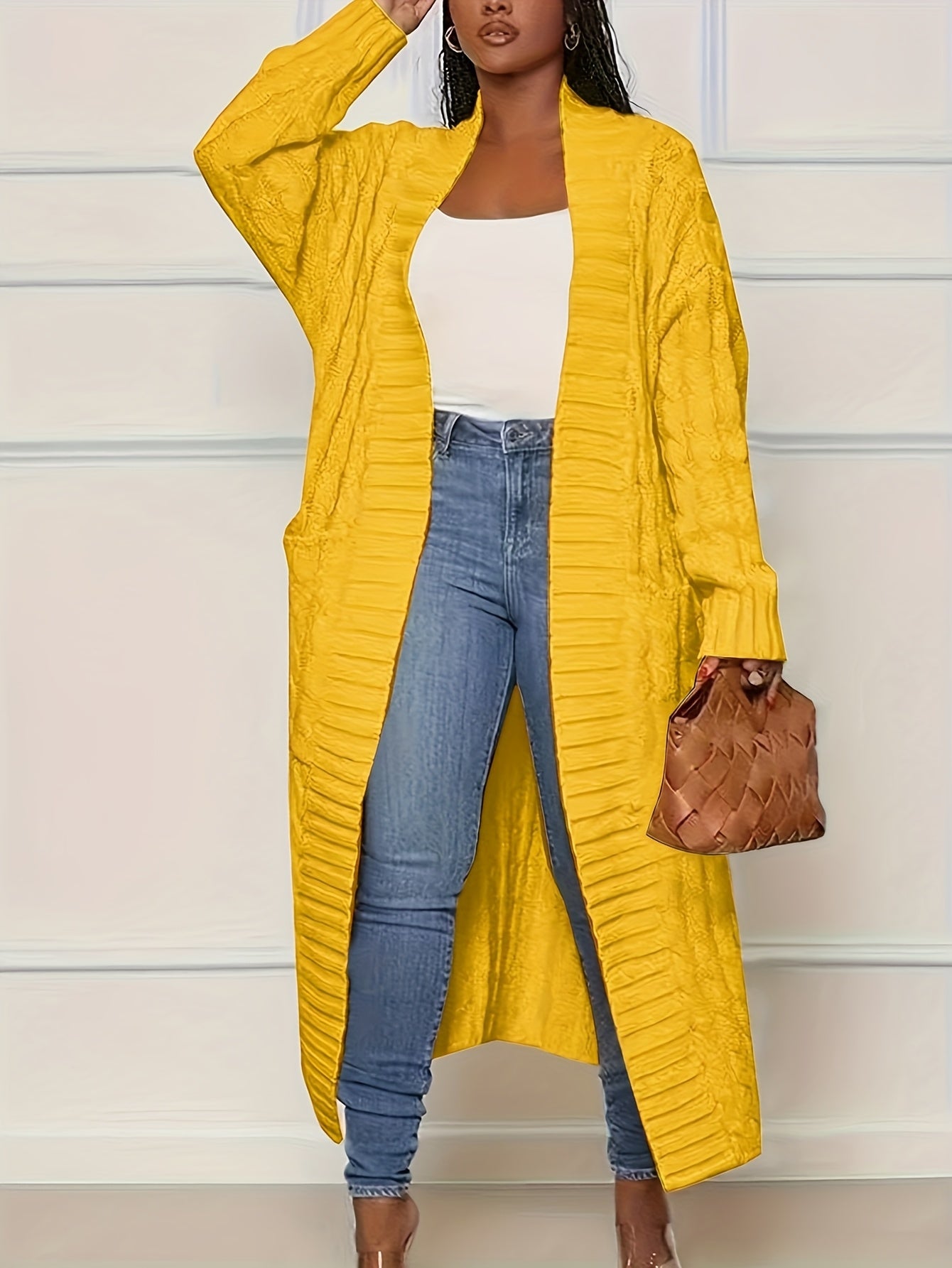 Women's Plus Size Long Cardigan - Cable Knit Oversized Pockets – view 4